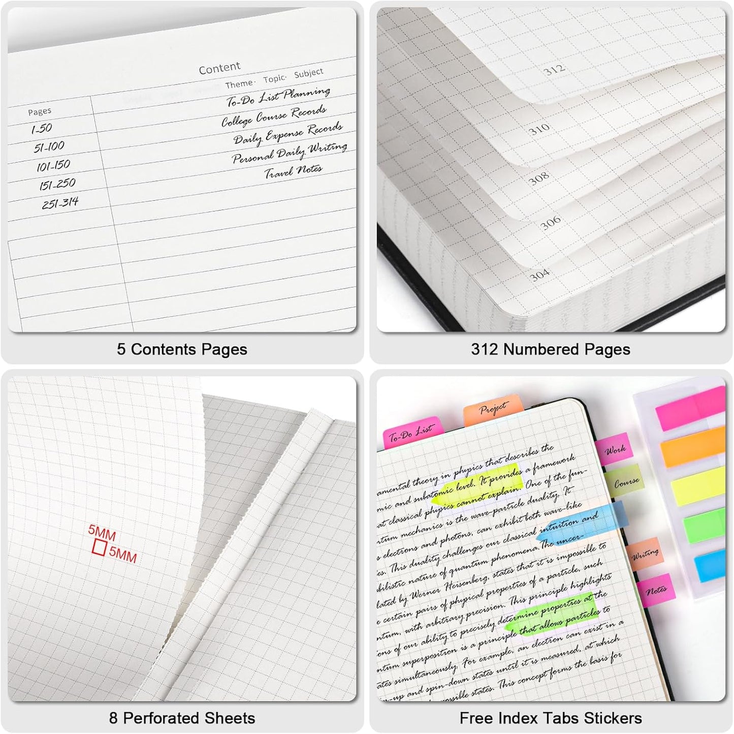 Graph Paper Notebook, 312 Numbered Pages B5 Hardcover Leather Journal, 100gsm No Bleed Grid Paper Notebook with Index Pages, Grid Notebook for Graphing Notes Math, 7.6'' X 10'', Pink