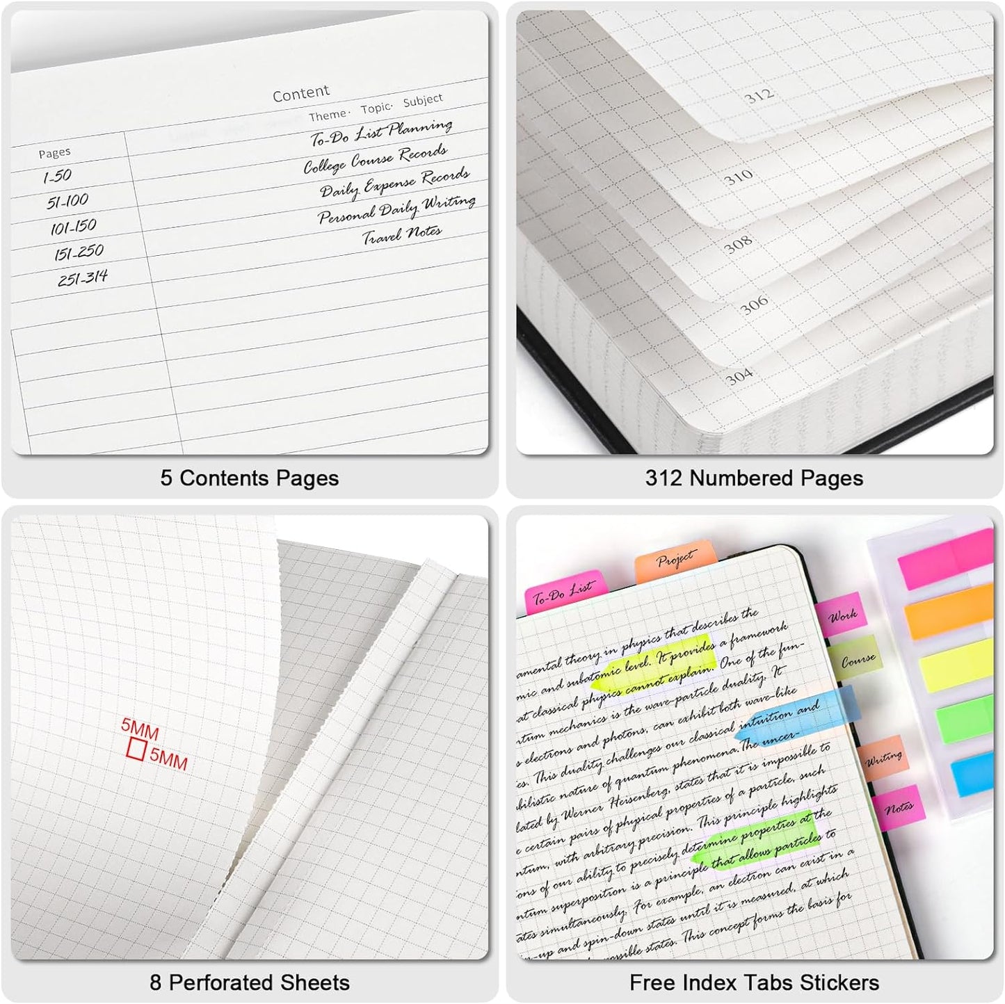 Graph Paper Notebook, 312 Numbered Pages Large A4 Hardcover Leather Journal, 100gsm No Bleed Grid Paper Notebook with Index Pages, Squared Grid Notebook for Graphing Notes Math, 8.5'' × 11'', Grey