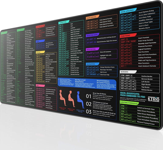 KTRIO Excel Shortcuts Mousepad with Superior Micro-Weave Cloth, Extended Mousepad with Stitched Edges, Non-Slip Base, Water Resist Keyboard Pad for Gamer, Office & Home, Excel Shortcuts