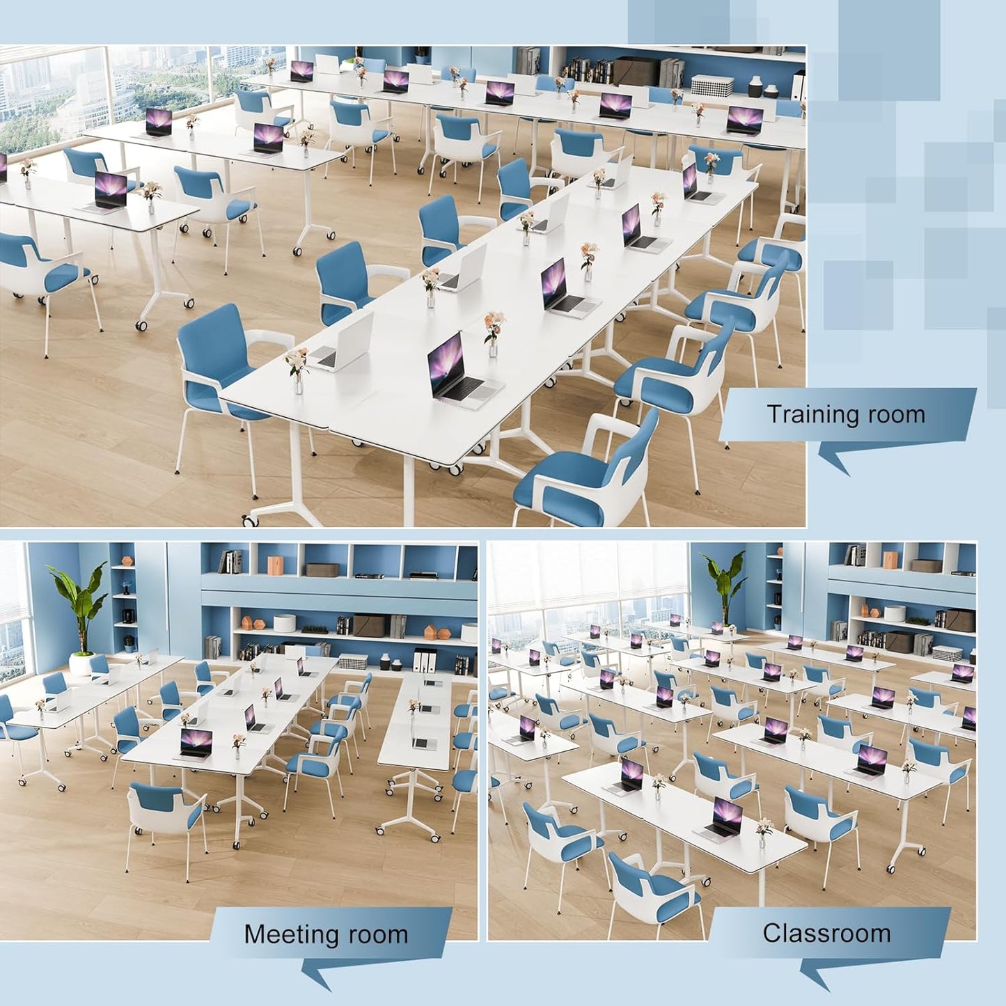 8pack Folding Conference Room Table, Modern Conference Tables with Silent Wheels, Large Rectangular Mobile Training Tables for Office Classroom, Foldable Modular Seminar Table White (L63in)