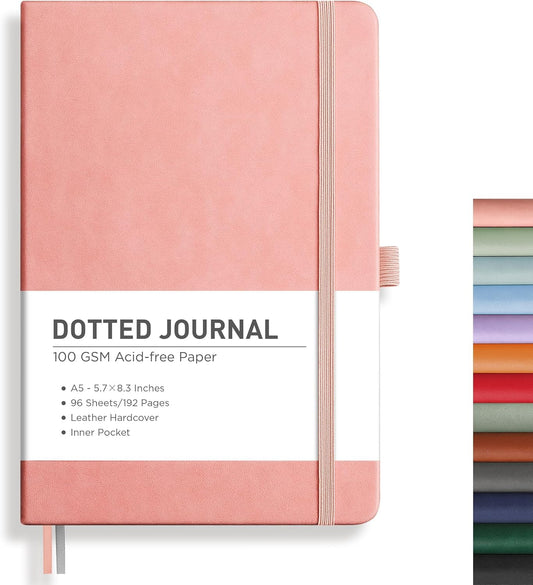 RETTACY Bullet Dotted Journal Notebook, 192 Pages, A5 Medium Size (5.7'' x 8.3''), Leather Hardcover, 100 GSM Thick Paper, for Bullet Journaling, Planning, Tracking (Pink)
