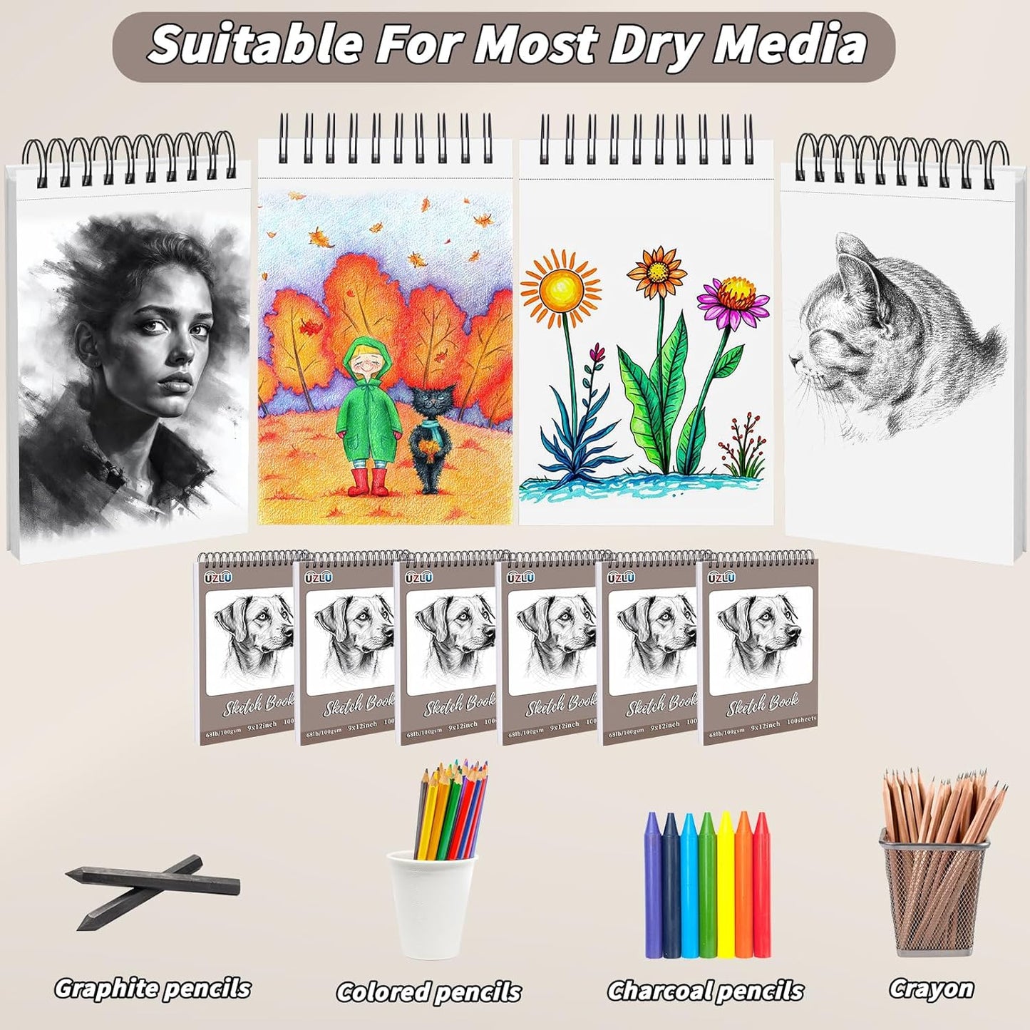 6 Pcs Sketch Book Bulk 9 x 12 In,600 Sheets Total Drawing Paper Pad Top Spiral Bound Sketch Pad Mixed Media Sketchbook 68lb/100gsm Thick Paper Acid Free Art Supplies for Kid Adult Painting Beginner Artist