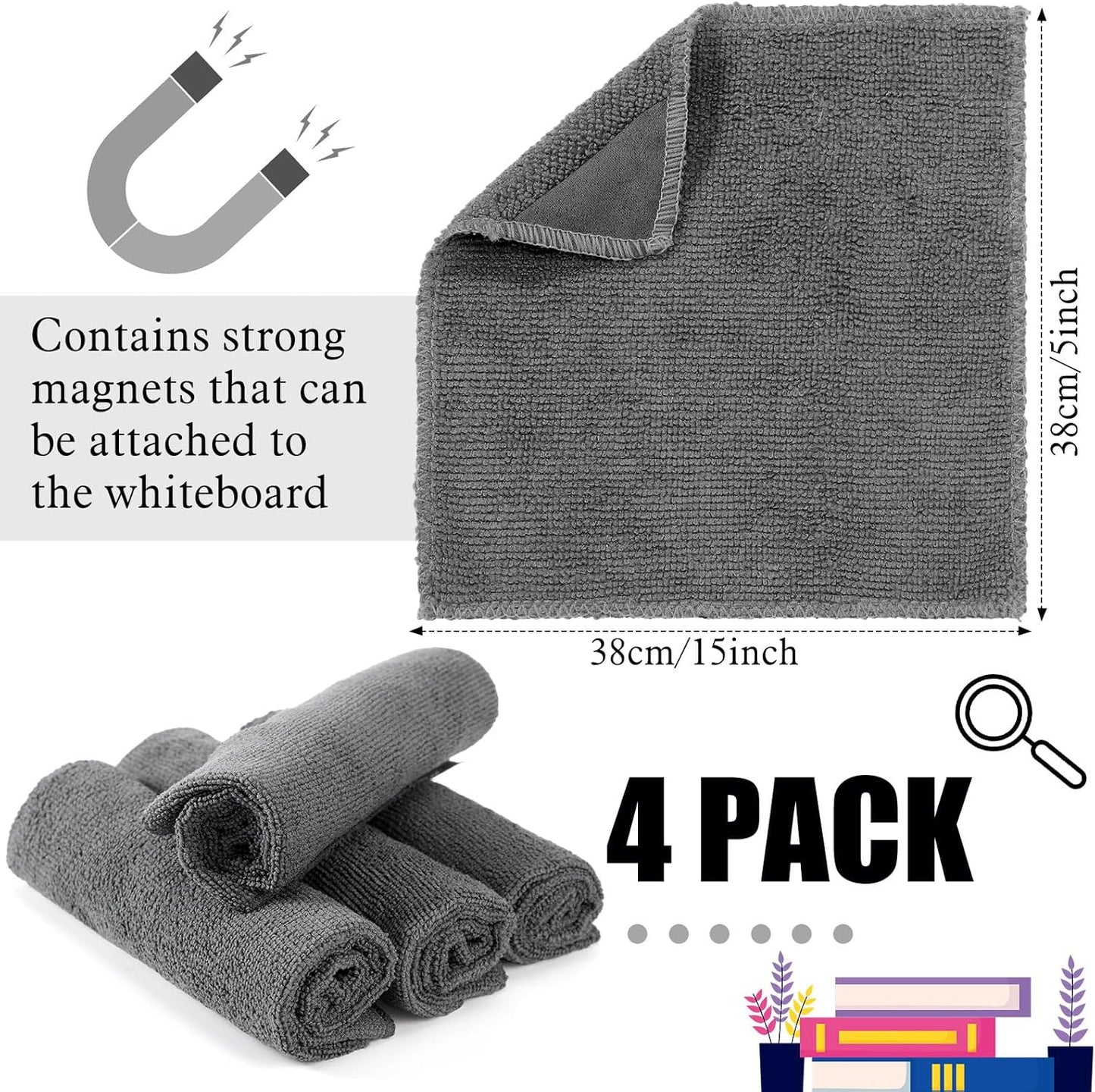 4 Pcs 15" x 15" Magnetic Cleaning Cloth Dry Erasers for White Boards Extra Strong Magnetism Microfiber Whiteboard Eraser for White Boards Blackboards Classroom Home Reusable Washable