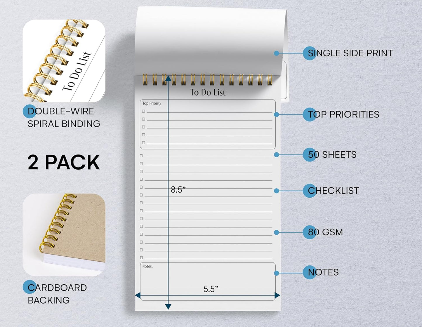 Better Office Products To Do List Mini Notepads, 5.5" x 8.5", Planning Note Pads, 50 Sheets Per Pad, Double Wire Spiral, Daily Agenda Productivity Checklist Organizer (2 Pack)