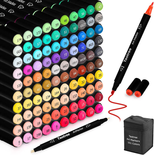 Taotree Alcohol Markers, 101 Colors Dual Tips Art Markers Pens Set, Chisel & Fine Sketch Pens, Art Supplies Kit for Artist Kids Adult Coloring Books Color, Painting, Drawing, Blending and Sketching