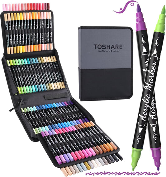 Acrylic Paint Pens Markers, 100 Colors Dual Tip Acrylic Paint Pens with Brush Tip and Fine Tip, Waterproof Markers for Rock Painting, Wood, Canvas, Stone, Glass, Ceramic,DIY Crafts Making Art Supplies