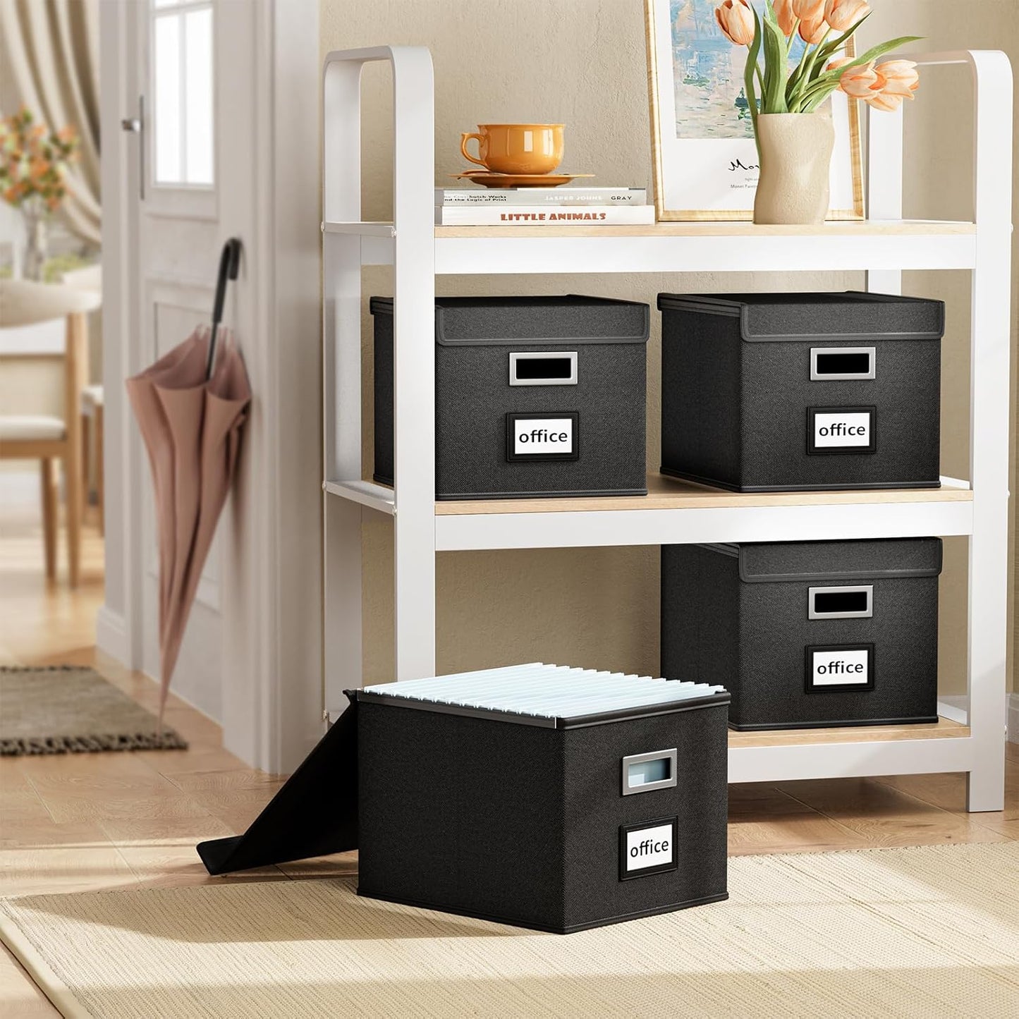Huolewa New Portable File Organizer Boxes Set of 4, Collapsible Linen Hanging Filing Storage Boxes with Plastic Slide, Decorative Home/Office Filing System for File and Folders Storage (Black)