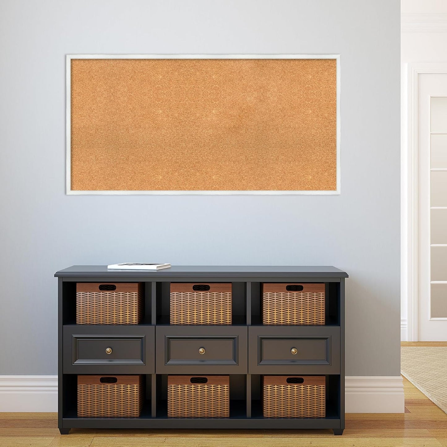 Amanti Art Natural Cork Board for Wall, 25x49 Vision Board with White Frame, Oversize Corkboard Office Decor for Home Organization, Country Rustic Corkboard Pinboard to Display Items for Home