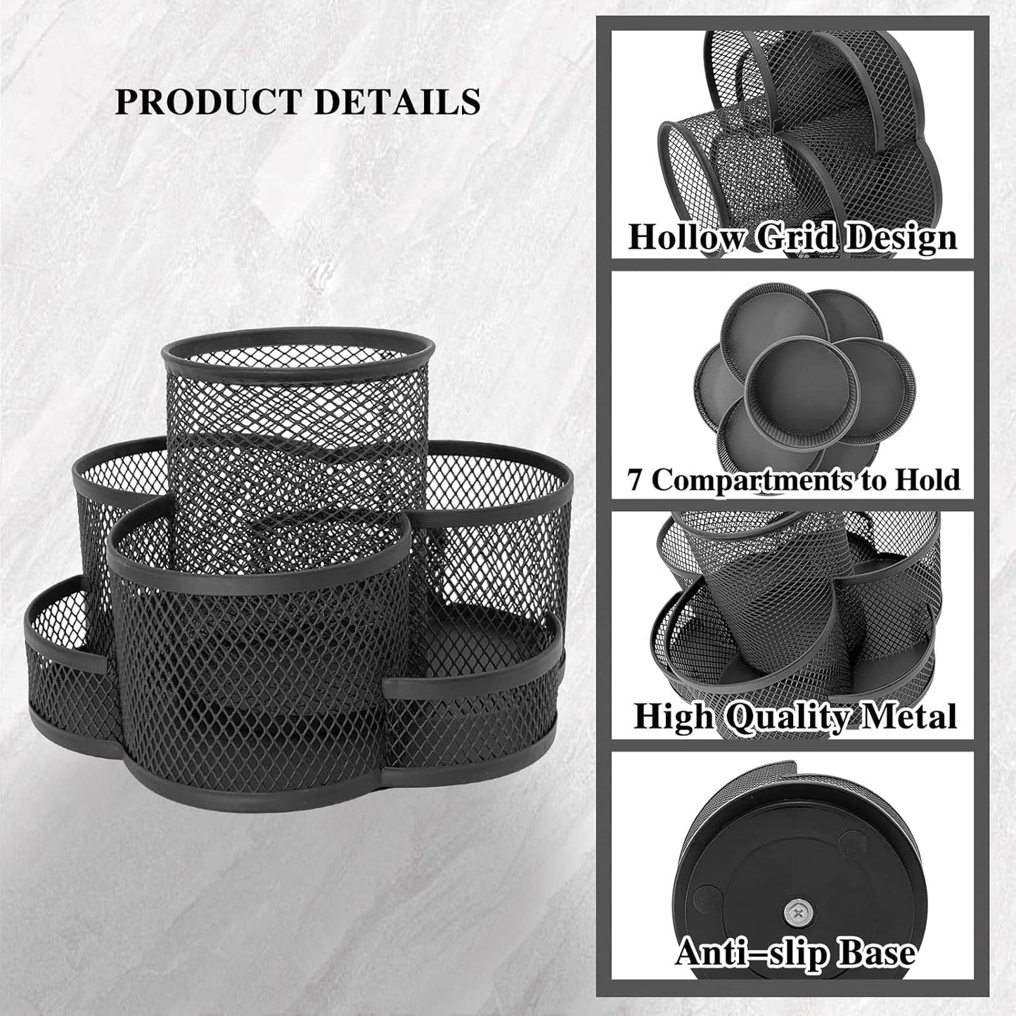 360 Rotatable Metal Mesh Desktop Pen Holder Pencil Holder Pencil Organizer Stationery Organizer Pen Pot Makeup Brush Organizer for Home School Office (Black)
