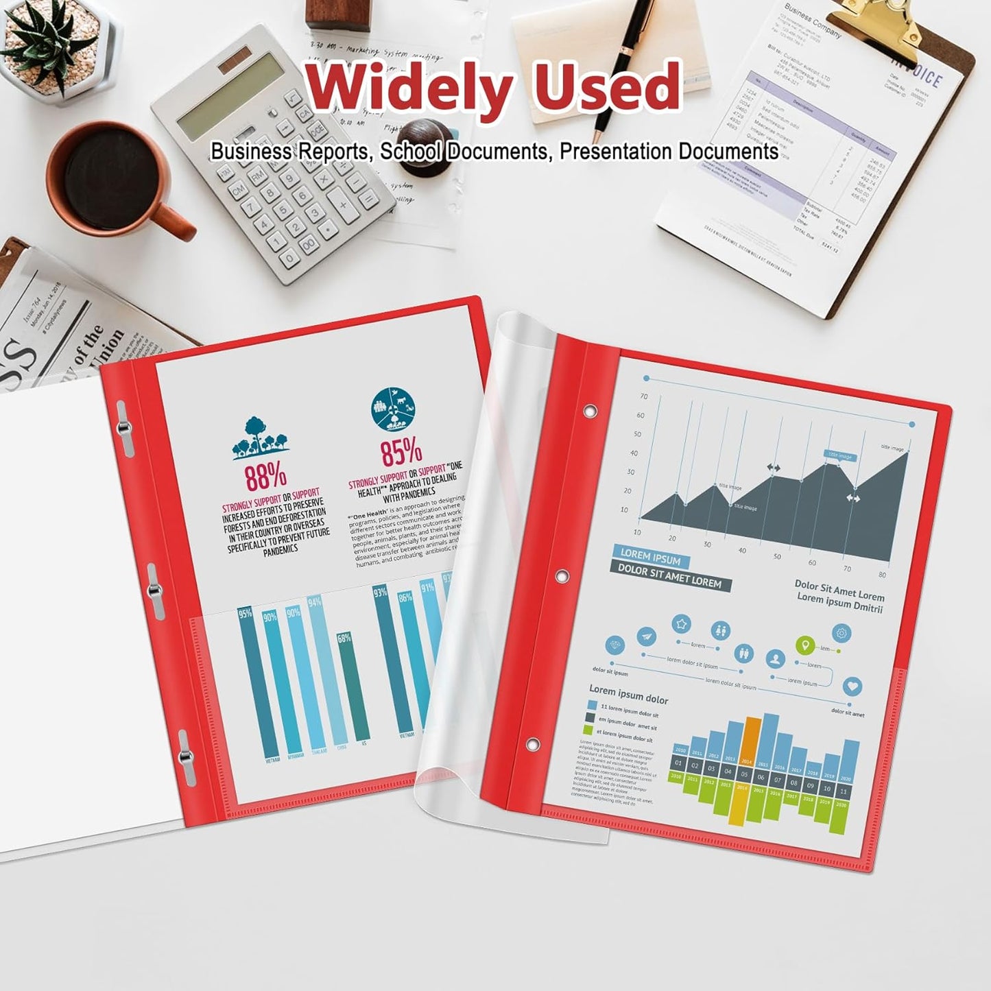 Ndsox 15 Packs Clear Front Report Covers with 3-Prong Fasteners, Plastic Project Presentation Folders Resume Document Covers with Red Back for 8.5" x 11" Letter Size Paper for School Office Business