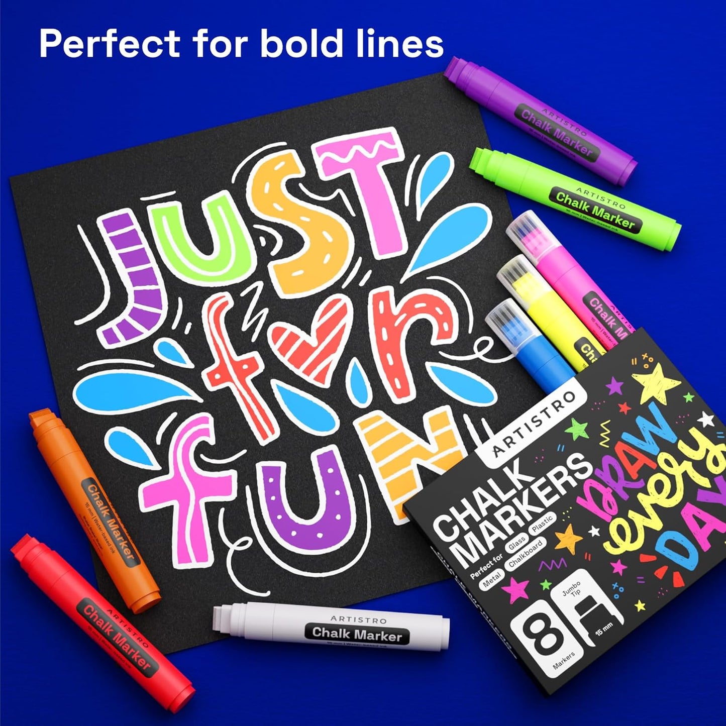 ARTISTRO 8 Liquid Chalk Window Markers for Car Glass Washable - Jumbo Tip 15 mm - Vibrant, Erasable, Non-Toxic Markers for Glass, Signs, Windows, Cars, Chalkboard for Kids & Adults