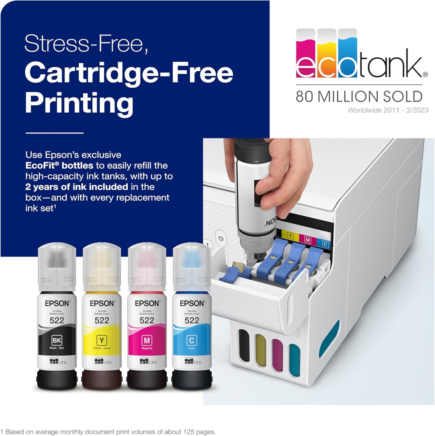 Epson EcoTank ET-2800 Wireless Color All-in-One Cartridge-Free Supertank Printer & 522 EcoTank Ink Ultra-high Capacity Bottle Black (T522120-S)
