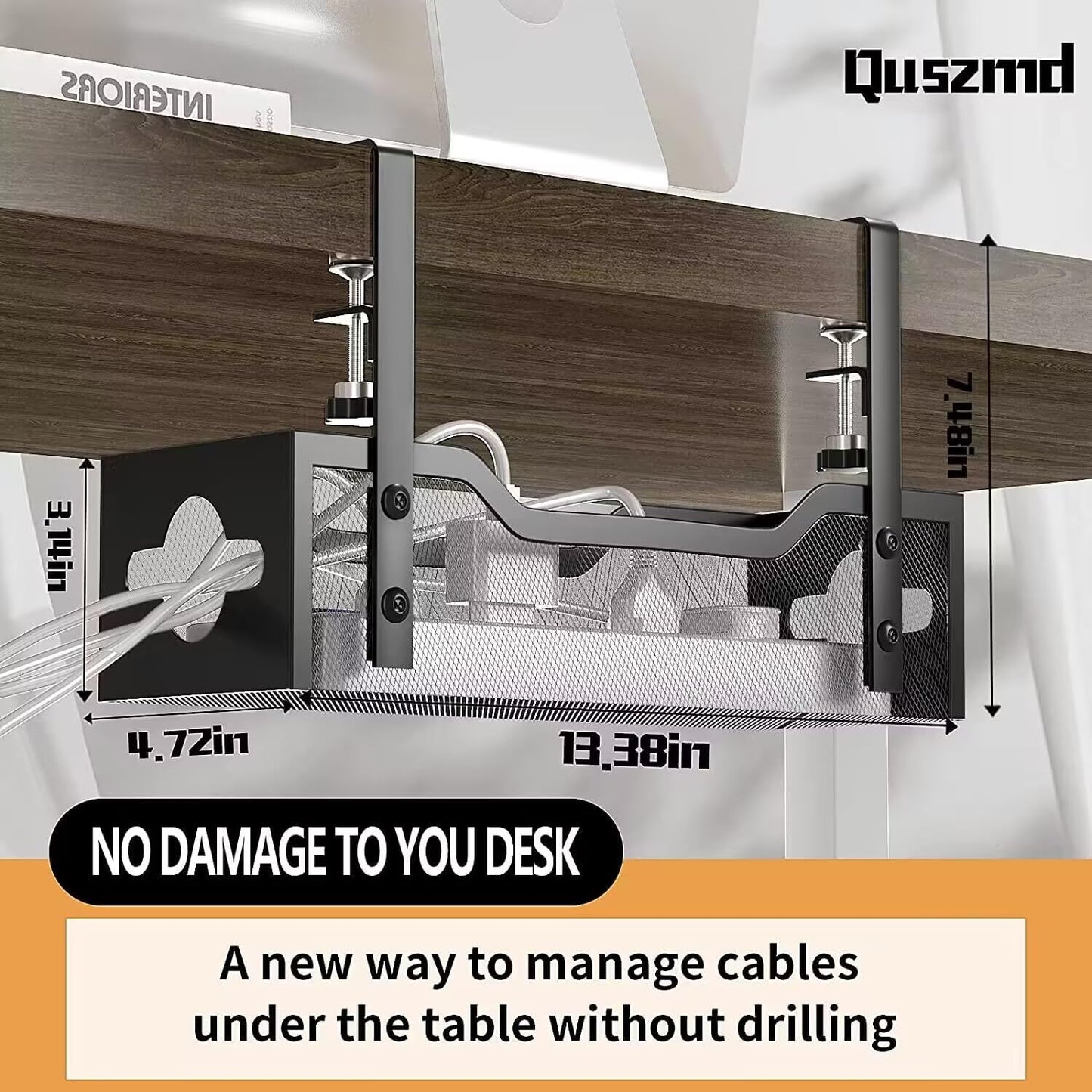 2-Pack Under Desk Cable Management Tray 13.38", Quszmd Cable Organizer No Drill, Standing Cord Organizer and Wire Management Tray - No Damage to Desk, Black