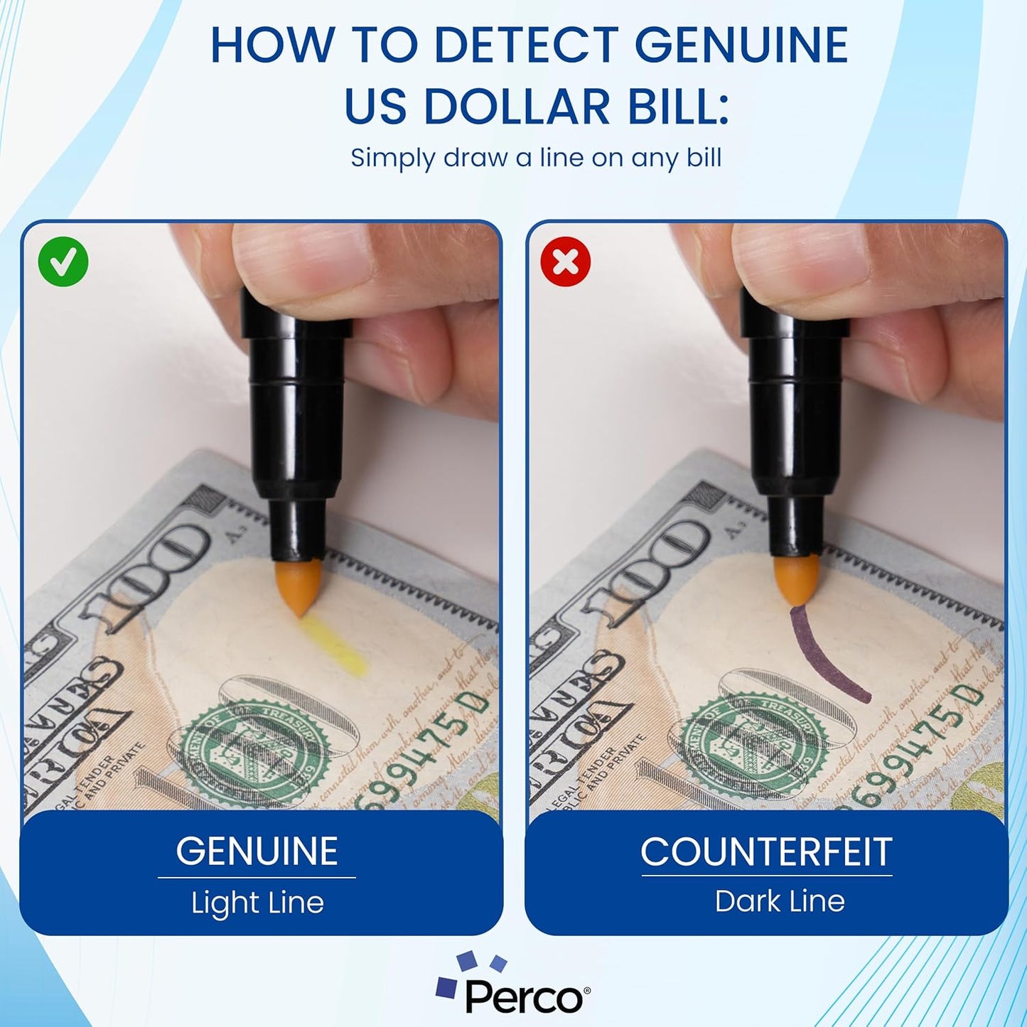 Perco Counterfeit Money Detector Pen - Easy to Use and Reliable Universal Currency Fake Bill Checker for Personal & Commercial Use - Ensures Authenticity & Prevents Fraud