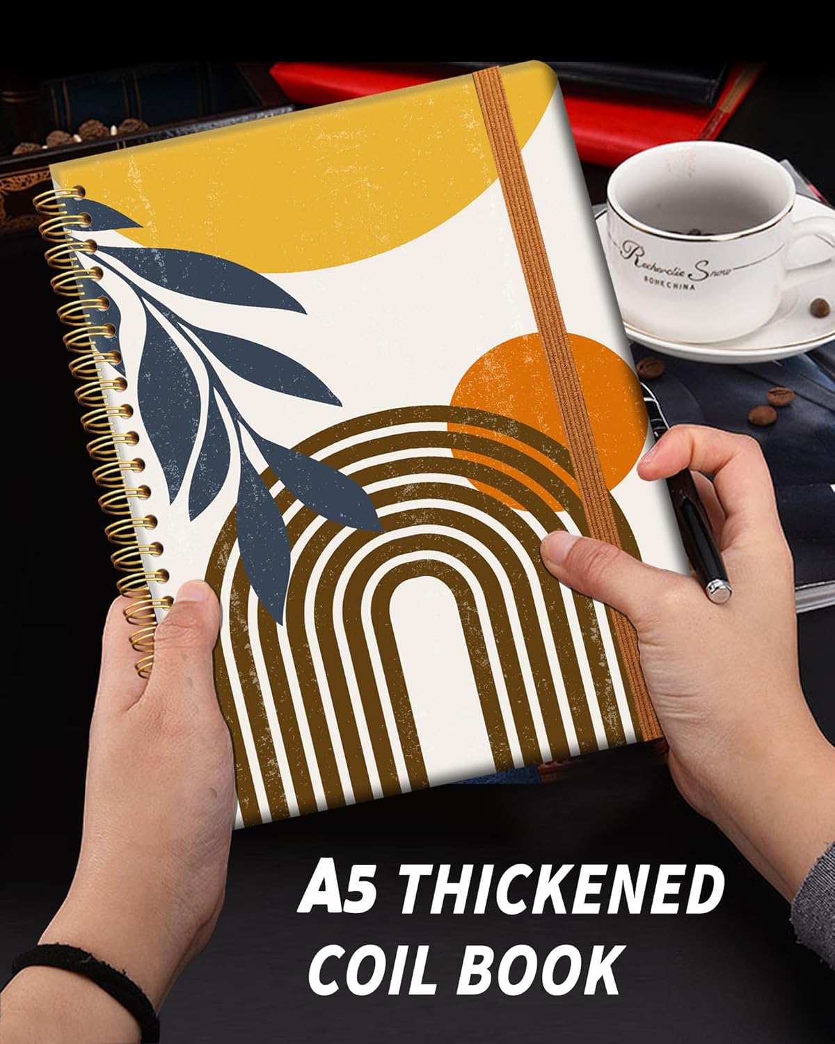 Ruled Spiral Writing Notebook,A5 Hardcover Lined College Journal for Women Lady,Fashion Puppy Watercolor Strong Twin-Wire Binding with Premium Paper,8.4" X 6",Perfect for School,Office,Home Gifts(Abstract Boho Sun Moon Leaves)