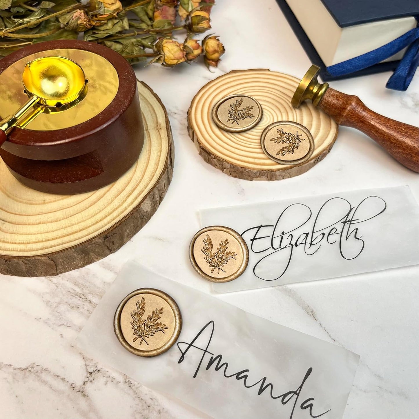 100Pcs Wax Seal Stickers Handmade Envelope Seals Self Adhesive Wax Stickers for Wedding Party Invitations, Envelope, Gift Wrap, Christmas(Rosemary Style, Bronze)