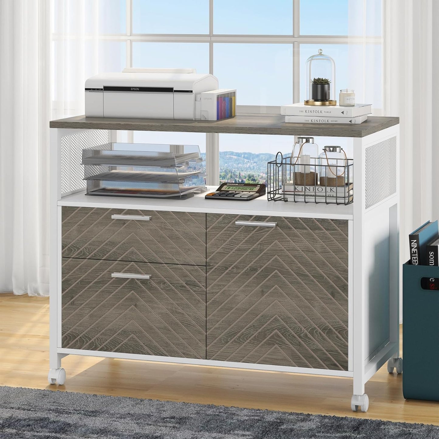 Tribesigns Modern File Cabinet with Drawers for Letter-Sized File and Door, Lockable lateral Filing Cabinet Printer Stand with Storage Shelves and with Rolling Caster for Home Office (Oak)