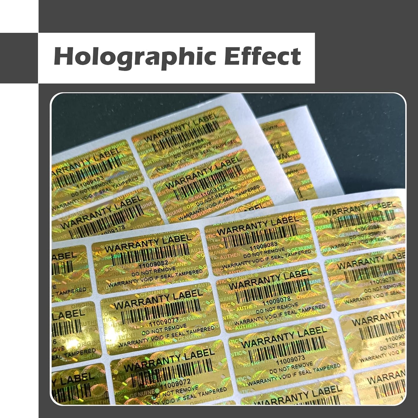 300pcs Tamper Proof Stickers Hologram Security Labels Genuine Warranty Seal with bar Code Unique Serial Number(1.2 X 0.6 Inch,Gold,GQYH)