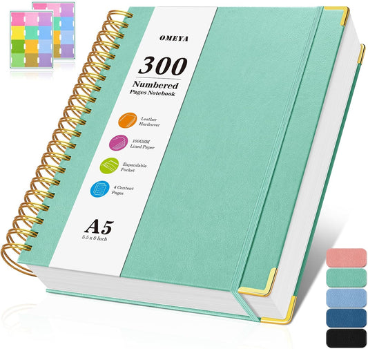 Spiral Notebook, 300 Numbered Pages Notebooks College Ruled with Contens, 100GSM Thick Journal for Women Men, Hardcover Leather Lined Journal for Writing, Large A5 Journaling Notebooks for Work School