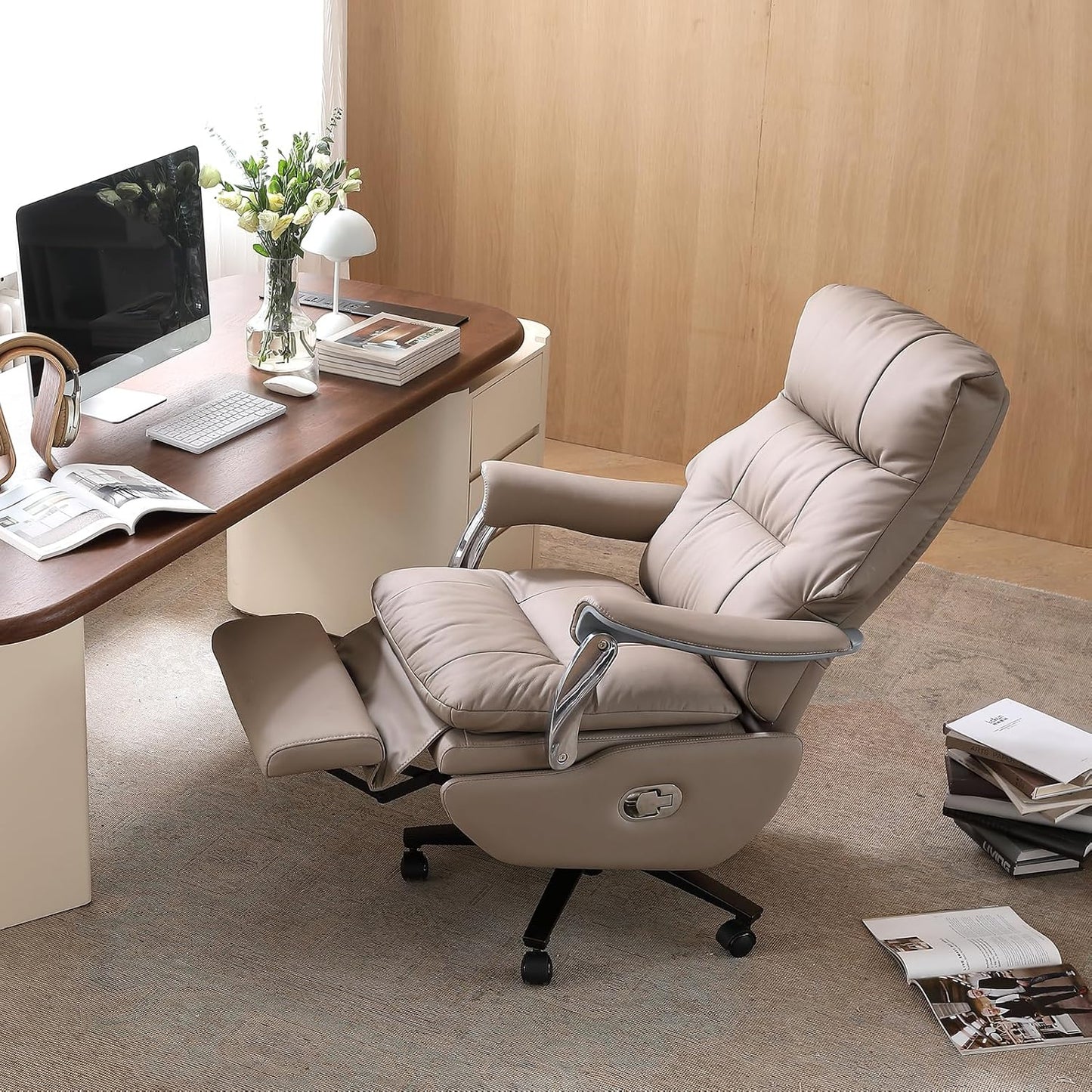 Dual Motor Electric Genuine Leather Executive Office Chair with Foot Rest, Comfortable Reclining Office Chair with Massage, Big and Tall High Back Comfy Ergonomic Home Office Desk Chairs 400lbs, Khaki