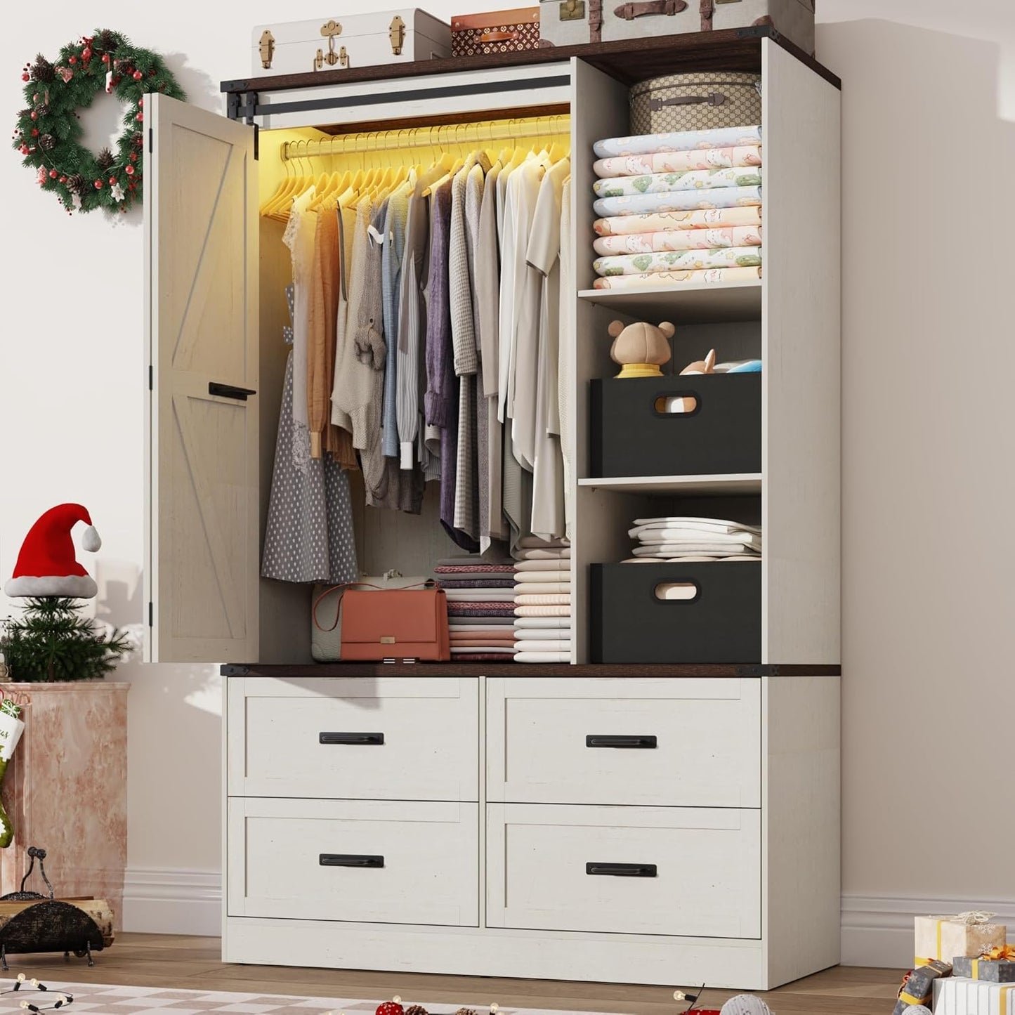 Farmhouse 3 Doors Armoire Wardrobe Closet w/Folding Sliding Barn Door and Lights, LED Armoire Closet w/Drawers for Bedroom, Freestanding Wooden Wardrobe Storage Closets w/Hanging Rod,Antique White