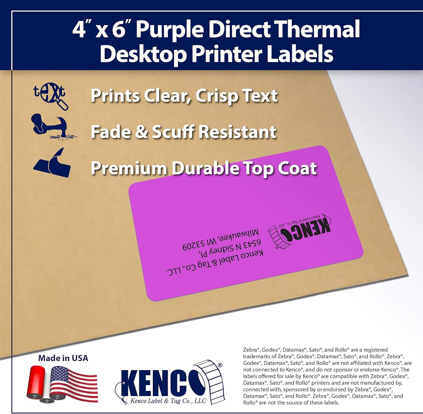 4" X 6" Direct Thermal Perforated Stickers Labels for Shipping Labels, Inventory, and Color Coding - Compatible with Zebra, Rollo, Godex and More (Purple, 12 Rolls)