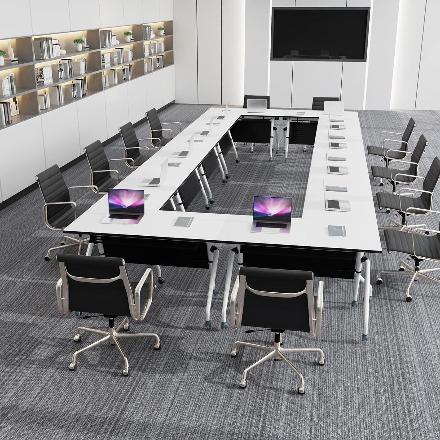 Conference Table, Folding Conference Room Tables, Mobile Training Tables with Silent Wheels, Large Rectangular Modular Seminar Table Office Computer Desks for Classroom White (10Pack L55.1in)