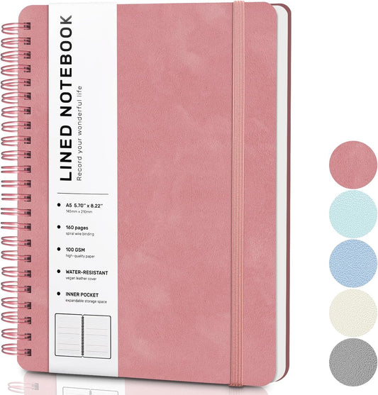 Lined Spiral Journal Notebook, A5 Hardcover Leather Notebook for Work, 5.7''×8.2'', 100GSM Thick Paper Spiral Bound Journaling Notebook for Women Men Office School Note Taking Business, Morandi Pink