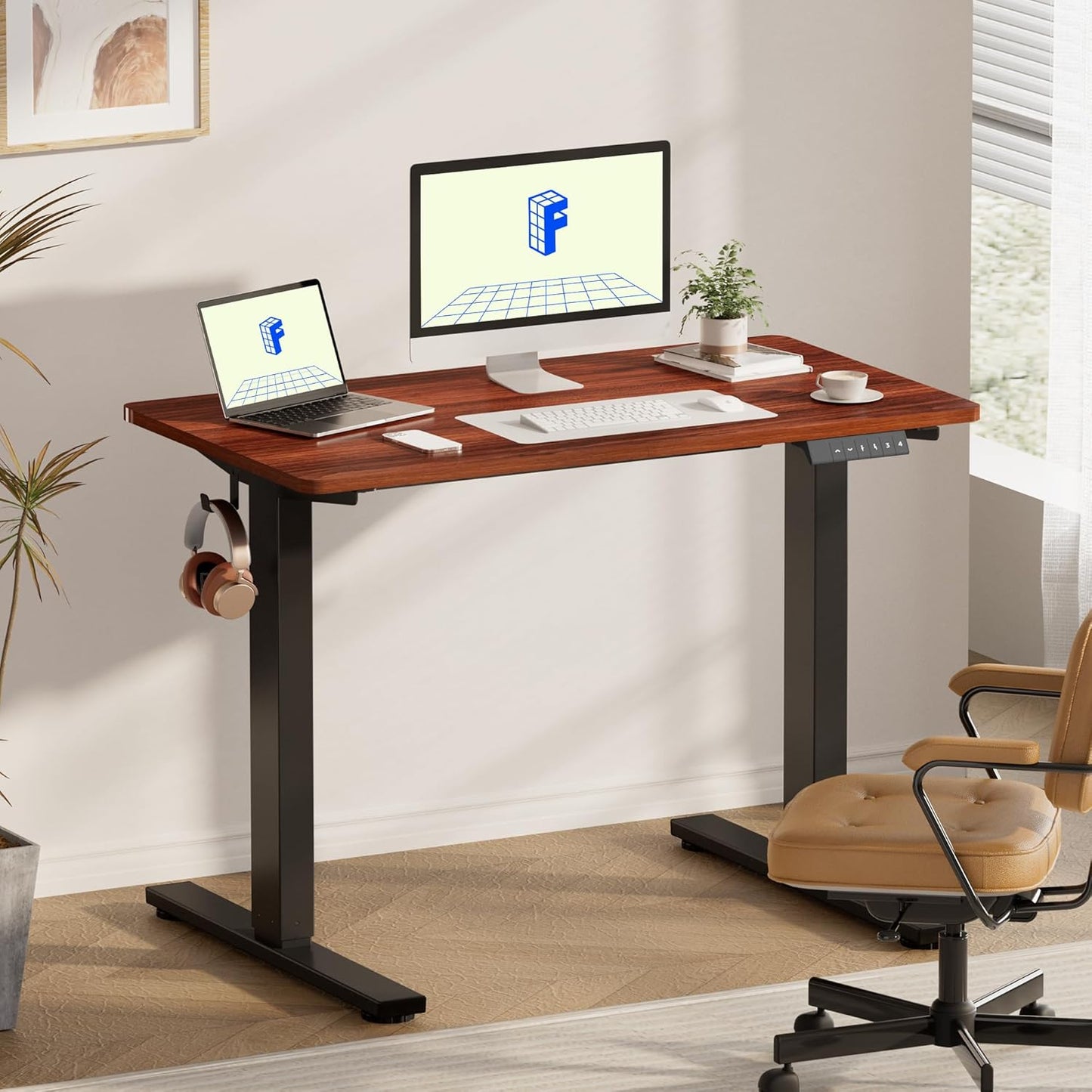 FLEXISPOT EN1 Whole-Piece Standing Desk - 48 x 30 Inches Electric Height Adjustable Sit Stand Desk (Black Frame + 48 in Mahogany Top, 2 Packages)