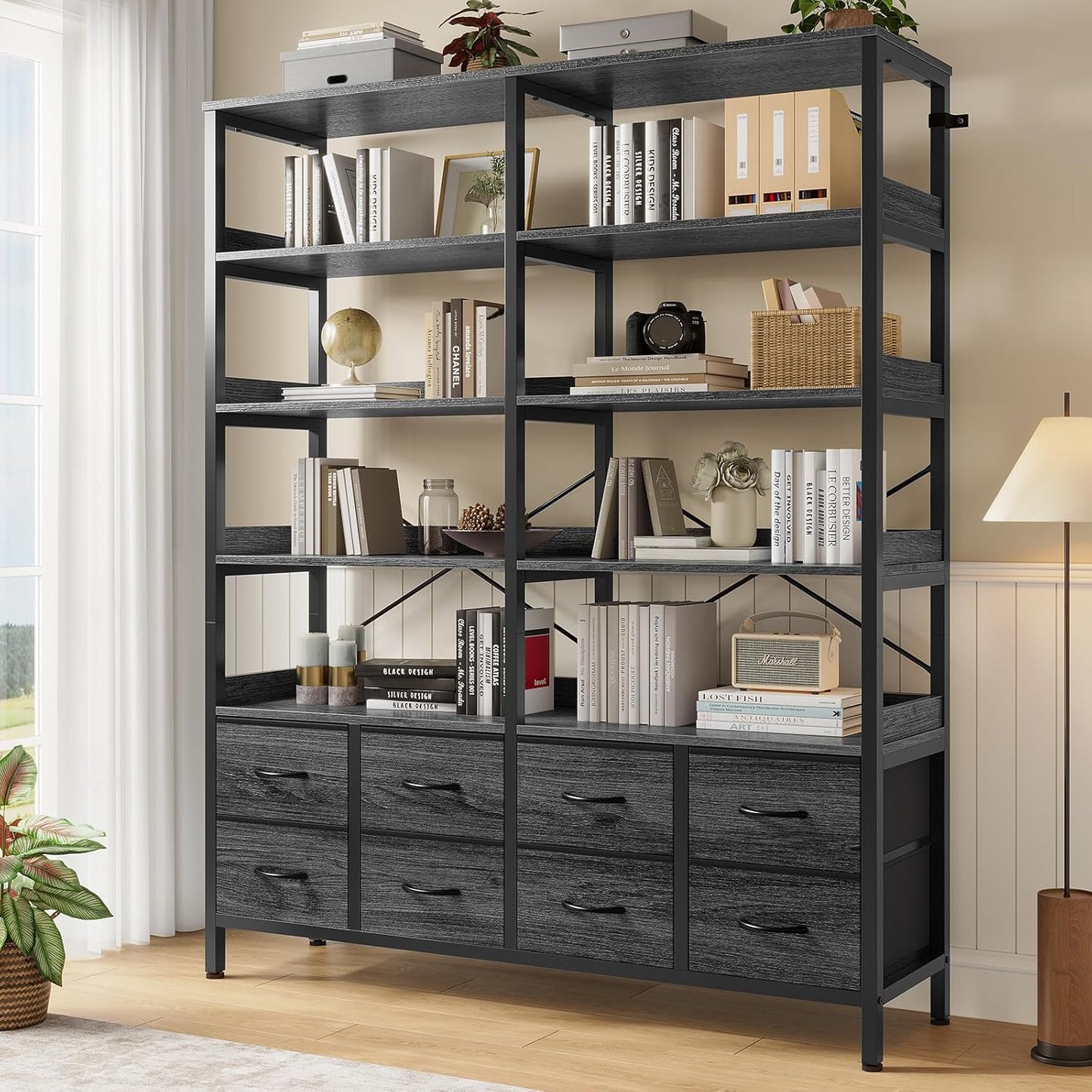 Bookshelf with 8 Fabric Drawers, 7-Tier Bookcase with Baffles Display Shelves, Industrial Large Book Shelf for Living Room Home Office, Grey