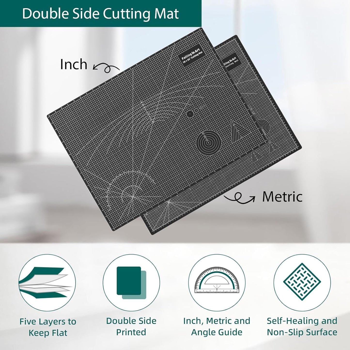 Falling in Art Self Healing Cutting Mat, 18x24" Cutting Mats for Sewing, Double-sided 5-Ply Fabric Cutting Board for Crafting, Quilting and Sewing Projects, Black