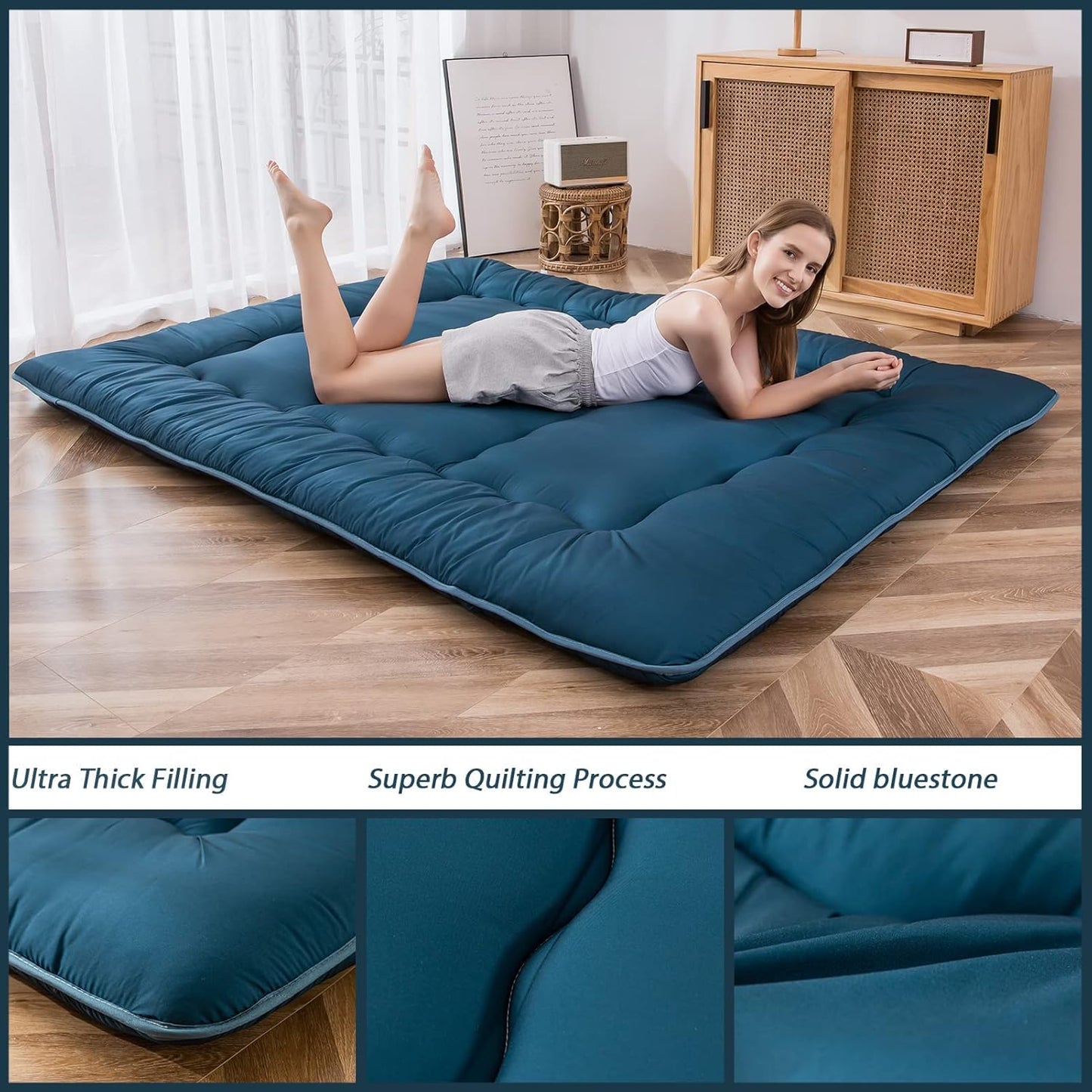 MAXYOYO Japanese Floor Mattress Futon Mattress, Thicken Sleeping Pad Foldable Roll Up Floor Futon for Adults Tatami Mat Dormitory Bed Lounger, Bluestone, Twin Size