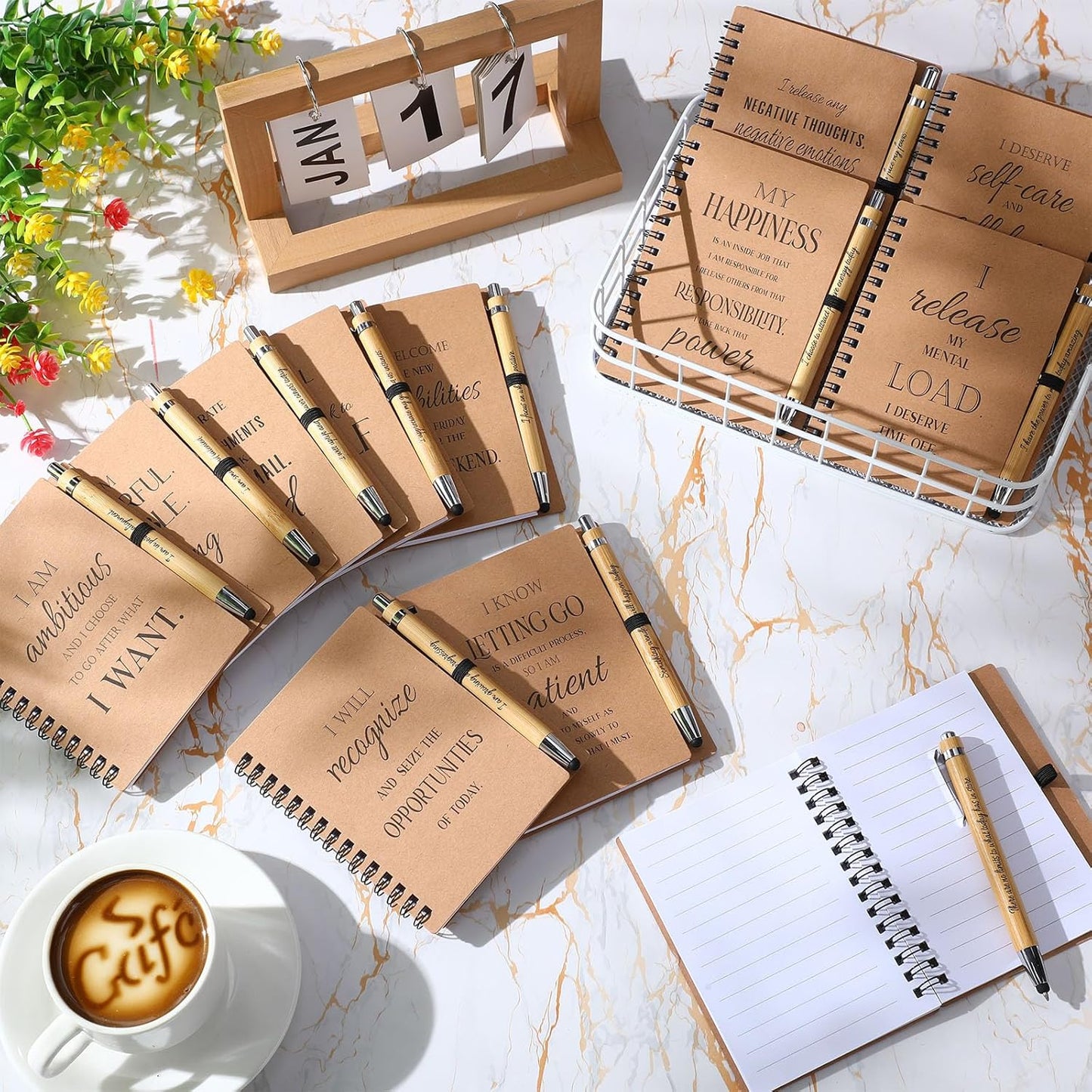 Pasimy 48 Pcs/24 Set Bulk Positive Affirmation Spiral Notebooks with Bamboo Pen Daily Affirmation Gift Set Motivational Encouragement Notepad Small Journals 5.5 x 3.9 inch for Women Self Care