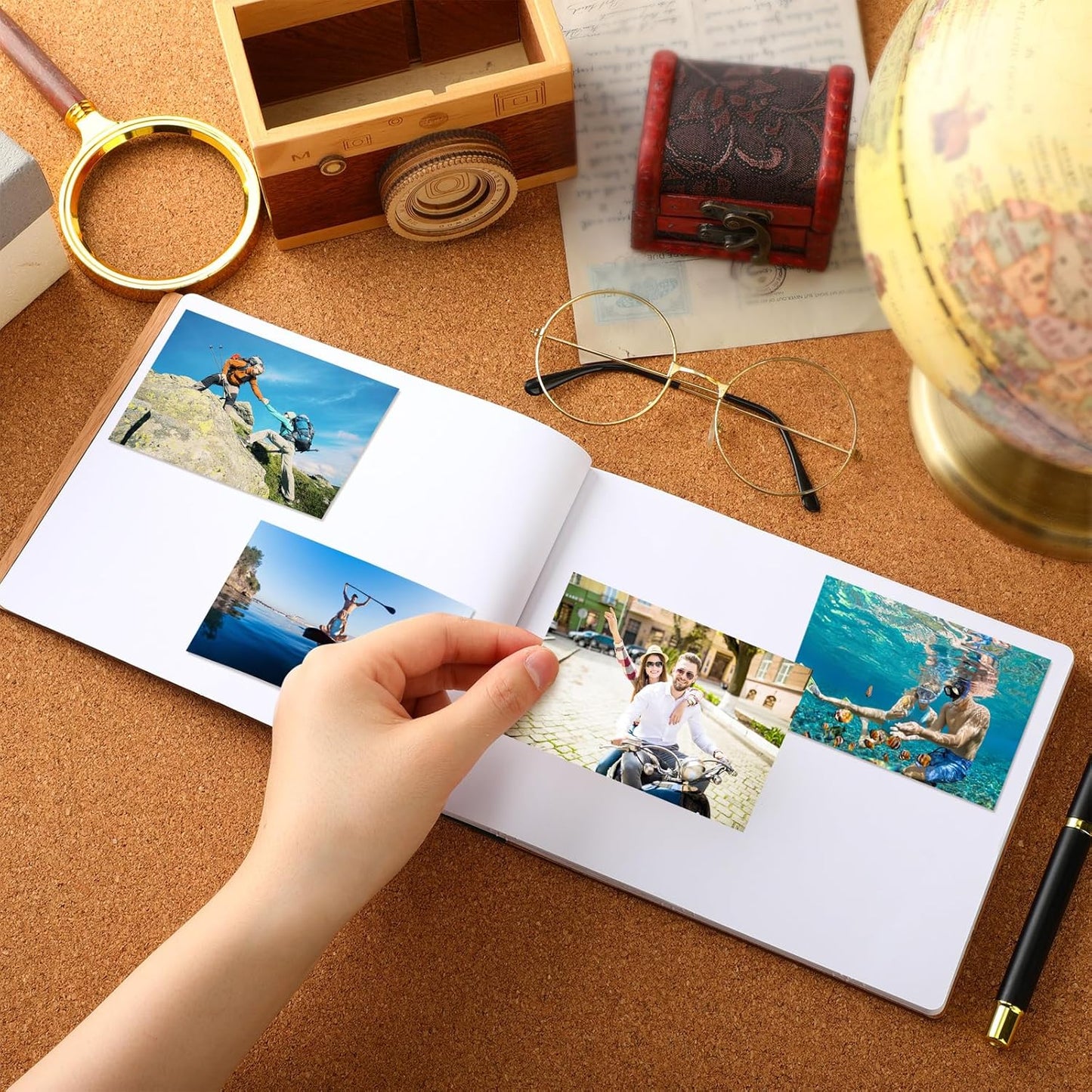 Adventure Wooden Guest Book with Pen 8 x 6 Inches 120 Pages Memory Scrapbook Rustic Signature Party Sign in Xmas Gift for Couple Guests Book