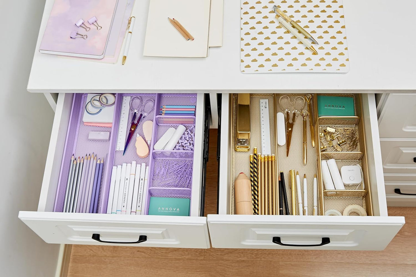 Annova Desk Top Organizer Tray for Office Organization - Metal Mesh - Storage Tray with Dividers for Pens, Desktop Accessories, Bathroom, Kitchen, Makeup and Office Supplies (Large, Gold)