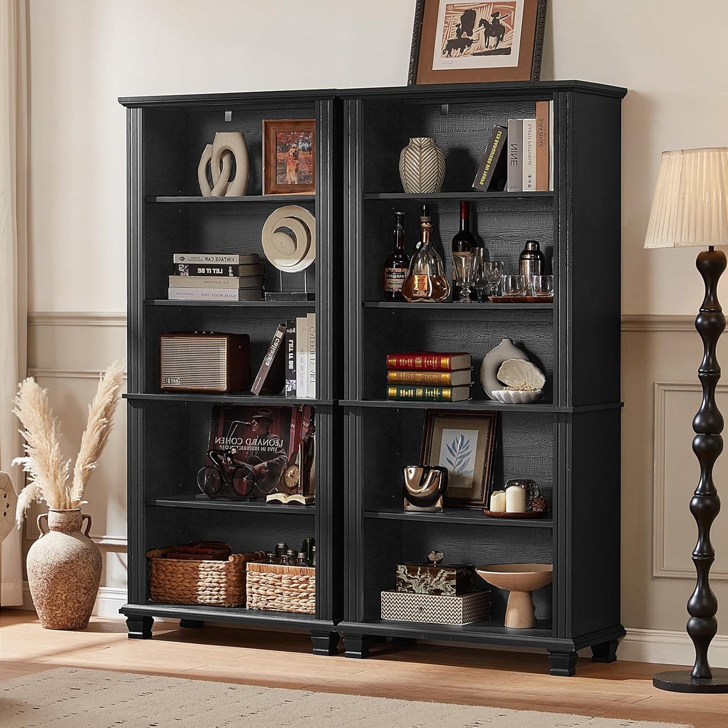 70" Tall Black Bookshelf,5 Tier Wooden Book Shelf with Adjustable Shelves & Wood Legs,Free Standing Farmhouse Bookcase with Open Display Storage,Vintage Bookshelves for Living Room, 3PCS
