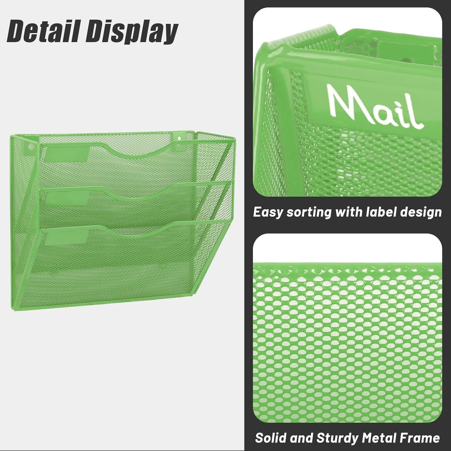 EASEPRES 3 Pocket Mesh Hanging Wall File Organizer, Wall Mounted Mail Paper Document Folder Holder, Clipboard Storage Organization Magazine Rack with Nametag Label for Office Home School, Green