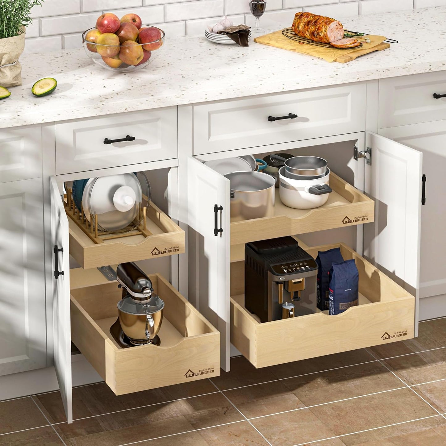 WelFurGeer Premium Birchwood Pull-Out Cabinet Drawers, 14" W x 22" D Pull Out Cabinet Organizer, Soft Close Slide-Out Shelves for Kitchen Cabinets, Heavy-Duty Cabinet Organizer for Home & Kitchen