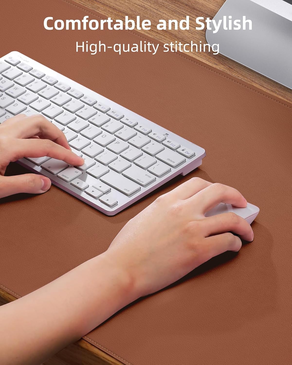 Large Desk Mouse Pad Protector, Stitched Locking Edge Non-Slip PU Leather Desk Mat Laptop Table Pad Blotter, Waterproof Durable Writing Pad for Office and Home (Brown, 120 x 43cm)