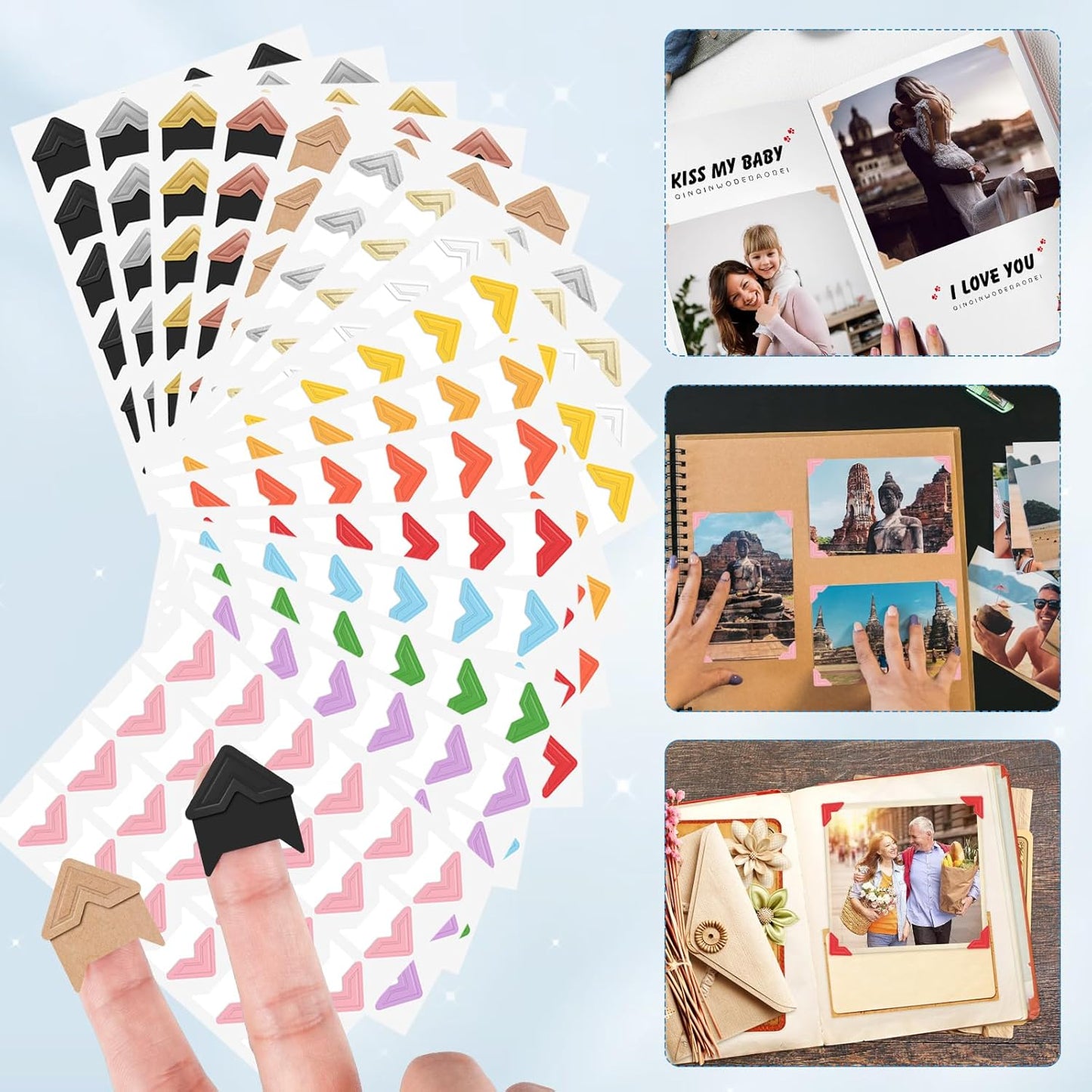 GOONAVI 10 Sheets 240 PCS Shiny Silver Acid-Free Photo Corners Notebook, Self-Adhesive Photo Corners for DIY Photo Album Journal, Photo Corner Stickers for Trip Journal Memory Book