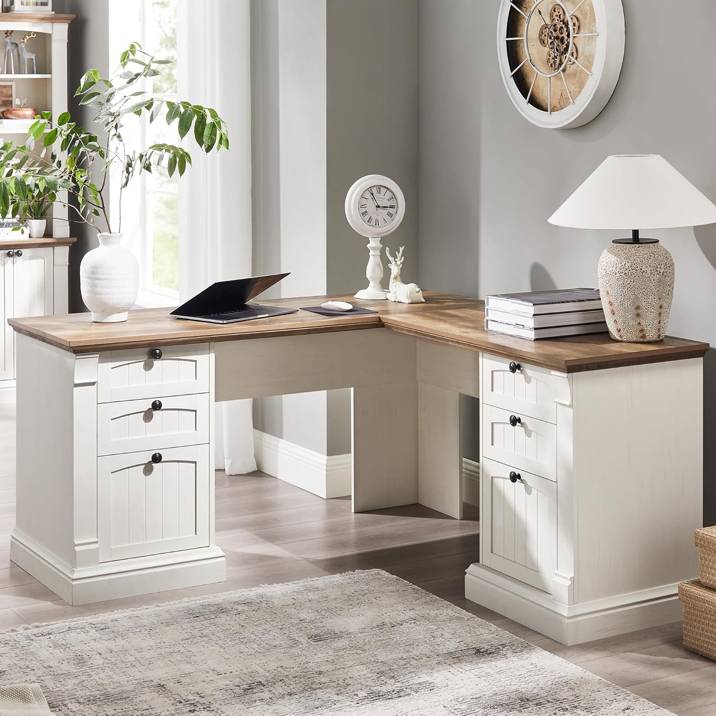 OKD 60" L Shaped Executive Desk with Drawers, Farmhouse Home Office Desk with Charging Station, File Cabinet Storage, Wood Corner Computer Desk for Work and Study, Antique White