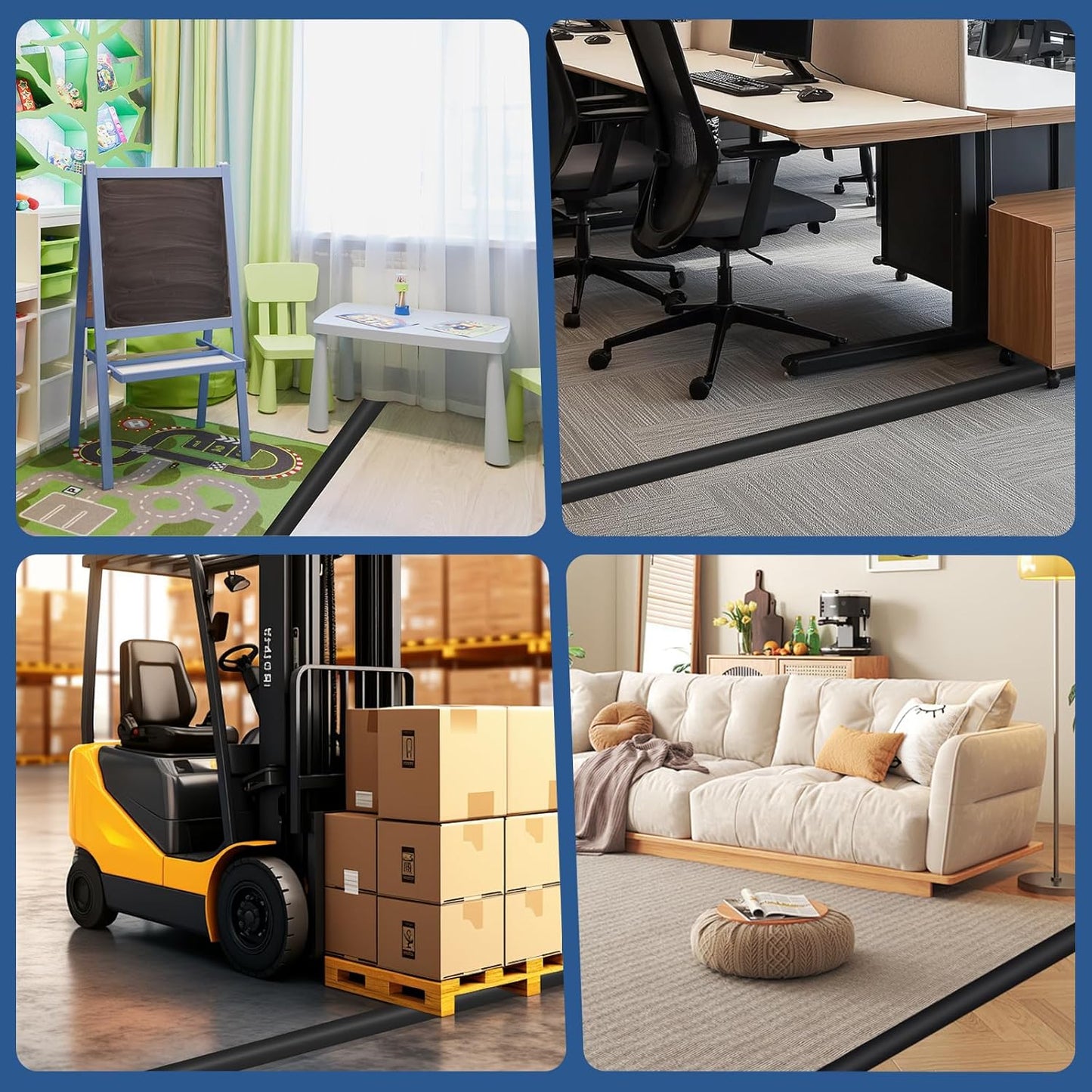Floor Cord Cover for Wires on Floor Self Adhesive Cord Hider Floor Cable Management Wire Covers for Cords Protector Prevent Cable Trips Cord Cavity W 0.47" x H 0.27", Black, 3.3Ft