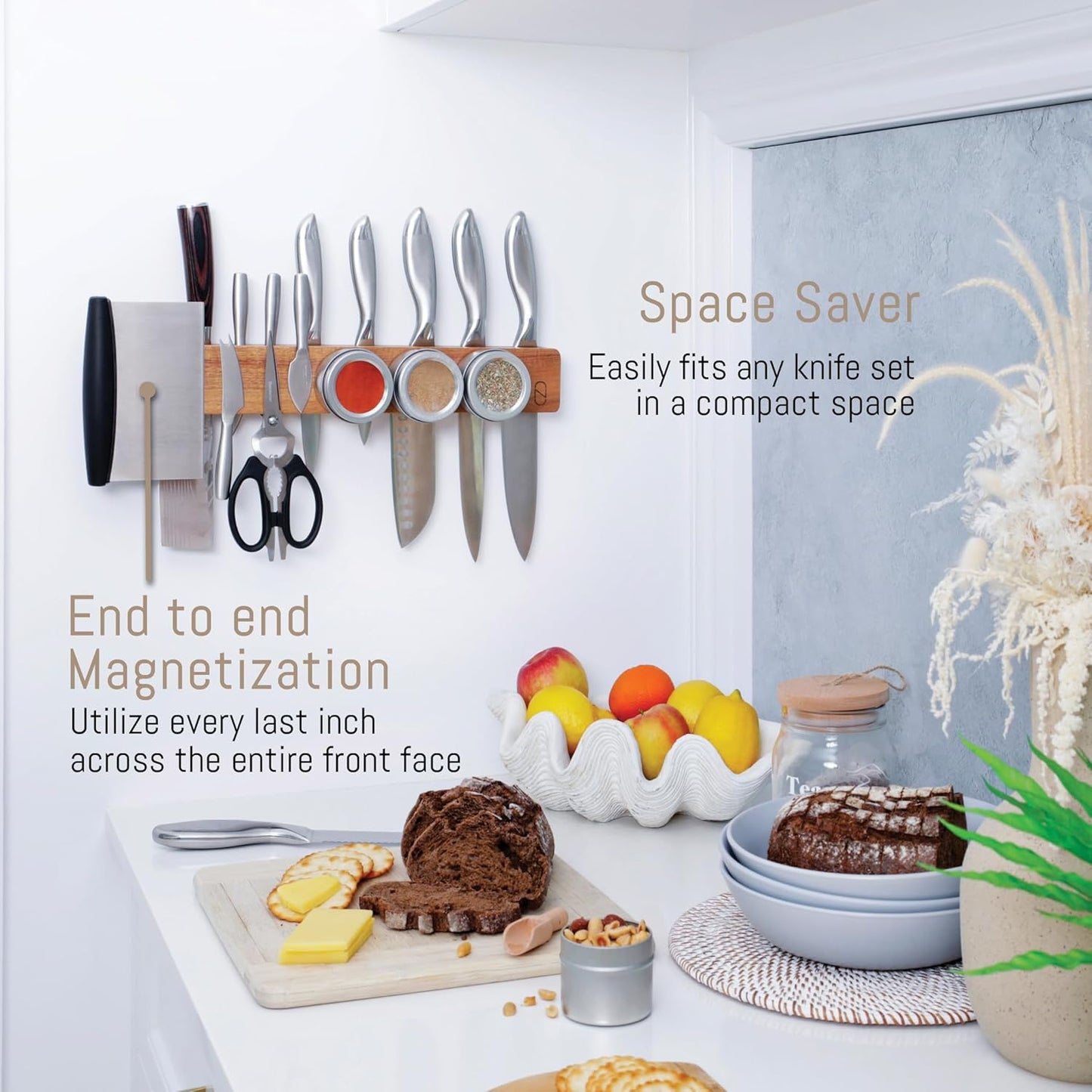 Premium 10 inch Magnetic Knife Holder for Wall with 2x Storage & Charming Wood - Knife Magnetic Strip, Under Cabinet Magnet Knives Storage - Magnet Strip Rack Kitchen Utensil Holder Organizer Tool