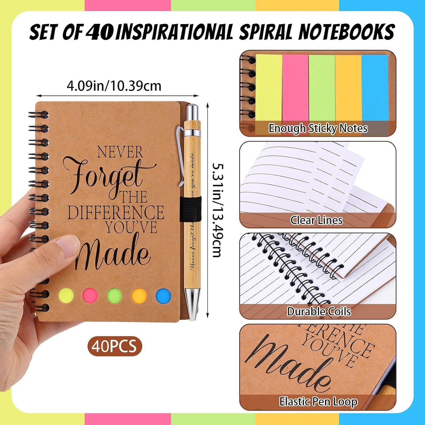 40 Sets Employee Appreciation Gifts Encouragement Inspirational Spiral Notebooks with Sticky Notes Notepads Thank You Bamboo Ballpoint Pens for Nurse Coworker Teacher (NEVER FORGET)