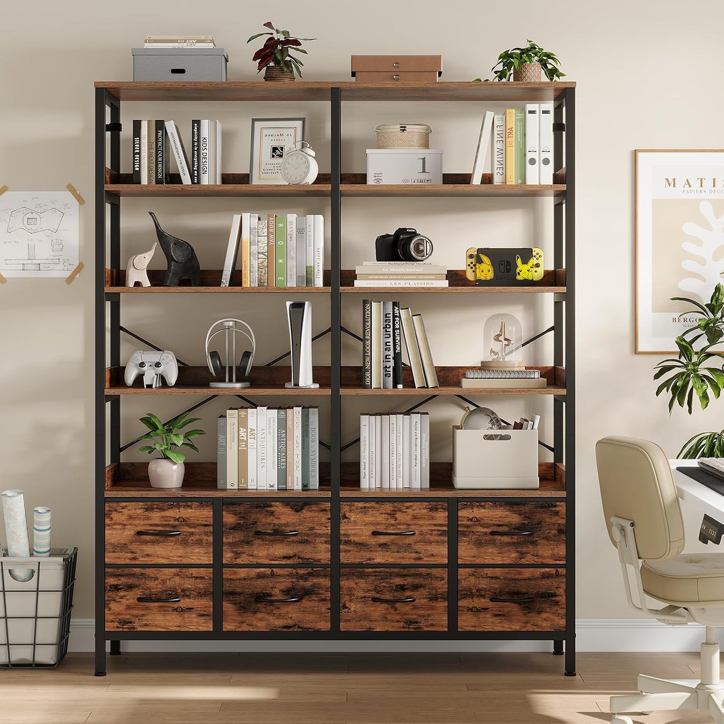 Bookshelf with 8 Fabric Drawers, 7-Tier Bookcase with Baffles Display Shelves, Industrial Large Book Shelf for Living Room Home Office, Rustic Brown