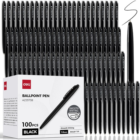 deli Pens Bulk, 100 Pack Retractable Ballpoint Pens, 1.0MM Black Ink,Smooth Writing, No Bleed, Comfortable Grip for Home,Office & School Use