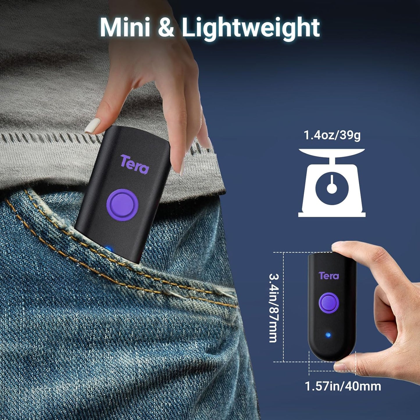 Tera Mini 1D Barcode Scanner: Pocket Waterproof Wireless Laser Scanner 3 in 1 Compatible with Bluetooth USB Wired Portable Bar Code Reader for Logistics Work with iOS Windows Android 1100L Purple