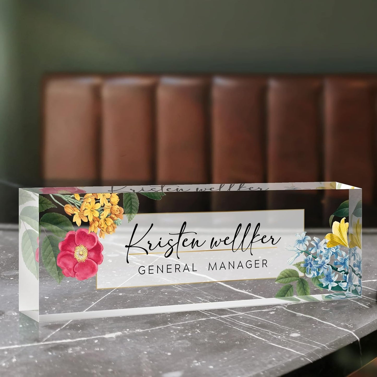Desk Name Plate Personalized, Premium Plum Blossom Hyacinth Acrylic Desk Name Plate, Personalized Name Plate for Desk, Office Decor for Women or Men Coworkers, Boss, Employee, Teacher