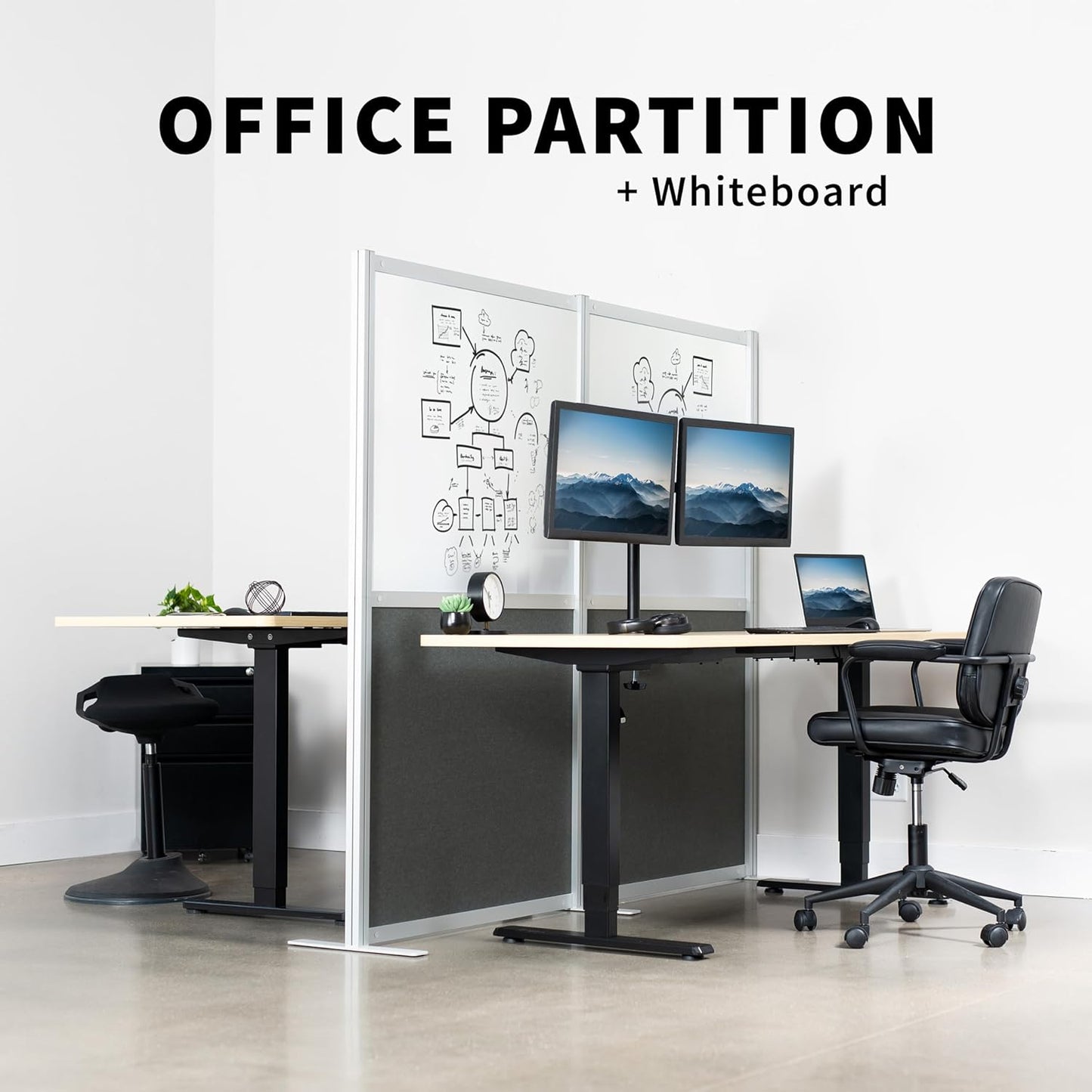 VIVO Modular Wall System, 2 PET and Whiteboard Panels, Professional Office Cubicle Dividers, Freestanding Privacy-Screen, 66 inches High, White and Dark Gray, PP-MWS63WB