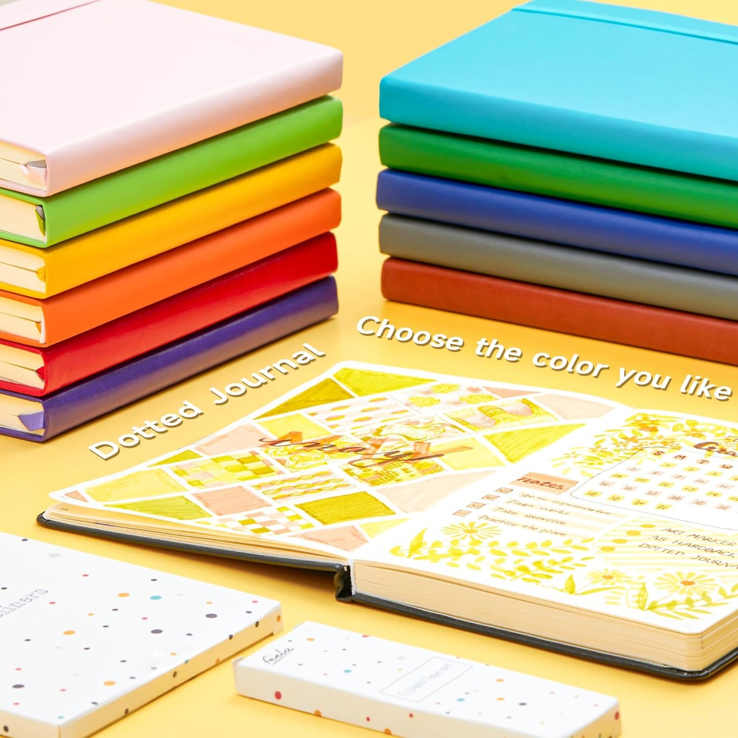 Dotted Journal Kit, Feela Dot Grid Journal Hardcover Planner Notebook Set For Beginners Women Girls Note Taking with Journaling Supplies Stencils Stickers Pens Accessories, A5, 224 Pages, Yellow